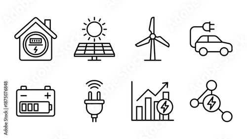 Clean outline icon set featuring smart meter, solar power, wind energy, electric vehicle, battery storage, smart plug, energy monitor, and grid network. Ideal for energy, IoT.