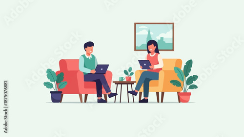 An illustration of a man and woman working on laptops while seated on comfortable couches indoors