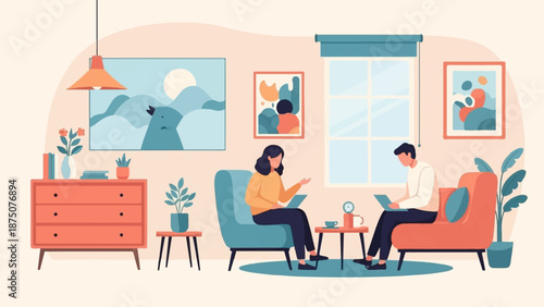 An illustration of a man and woman working remotely on laptops in a cozy, modern living room