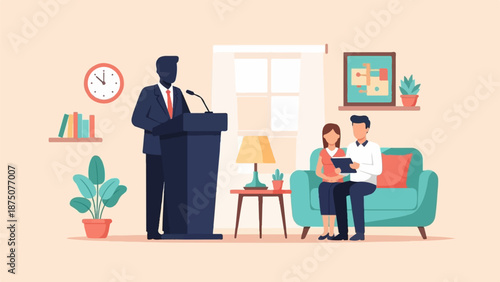An illustration of a man speaking at a podium while a couple sits on a couch in a cozy room setting