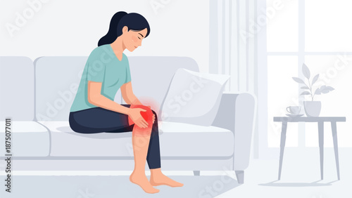 A woman in a teal t-shirt and dark pants sits on a sofa, holding her knee, indicating pain