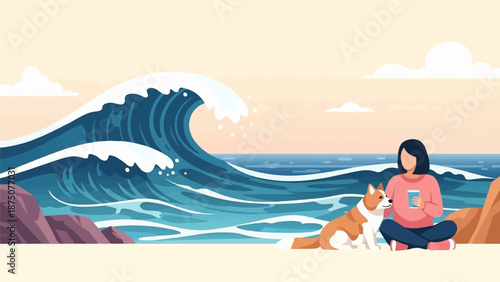 An illustration of a person and a dog relaxing on a sandy beach as large ocean waves crash behind them
