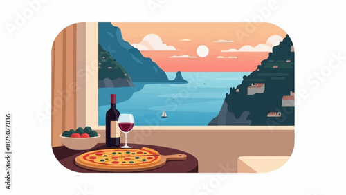 A pixel art scene featuring pizza, wine, and a salad on a balcony overlooking a sunset sea and cliffs