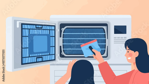 An illustration of a person cleaning the air conditioner, wiping dust from the internal fins and filter