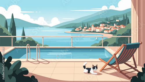 A pixel art scene of a black and white cat on a sunny balcony overlooking a pool, sea, and coastal village