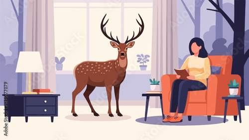 A woman reading in an armchair while a large deer stands indoors by a window in a surreal room