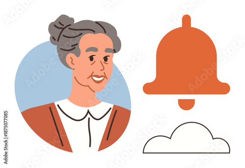 Elderly care, daily reminders, aging assistance, technology interaction, family communication, senior lifestyle. Smiling elderly woman with a notification bell icon. Elderly care and daily reminders
