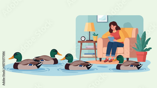 A woman reads indoors on a couch while five mallard ducks swim in a serene outdoor pond