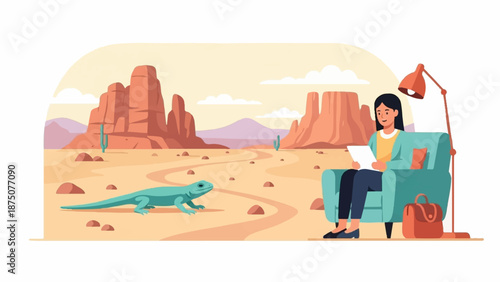 A woman reads in an armchair in a desert landscape with mesas and a large lizard, under a floor lamp