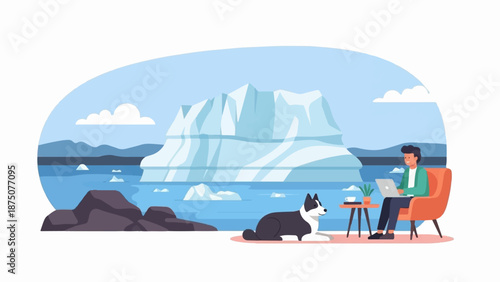 An illustration of a person working on a laptop with their dog by a large iceberg in blue water