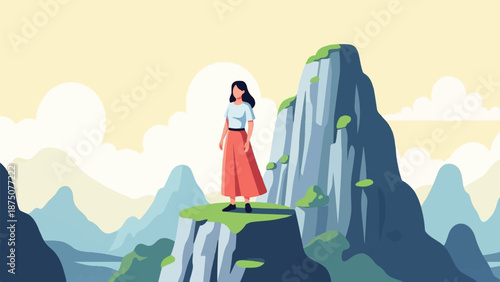 A woman stands atop a majestic mountain peak overlooking a vast, serene mountainous landscape