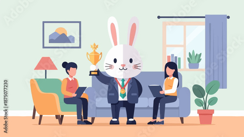 A rabbit in a suit holds a trophy, flanked by two women in a cozy room, celebrating achievement
