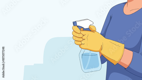 Close-up illustration of a person wearing yellow cleaning gloves, holding a blue spray bottle with liquid