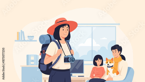 A woman with a backpack and camera prepares for travel; a family with a dog waits indoors