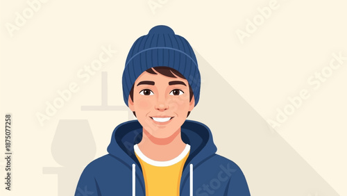 Close-up illustration of a smiling young person wearing a blue beanie and a blue hoodie over a yellow shirt