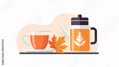 An illustration of a steaming teacup, a teapot with a leaf design, and an autumn maple leaf