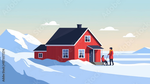 A red house in a snowy, mountainous landscape with two people bundled up, enjoying the winter scene