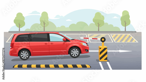 A red minivan waiting at a security barrier in a parking area with trees in the background