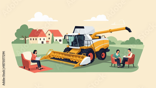 A yellow combine harvester in a rural landscape with people discussing and relaxing in armchairs