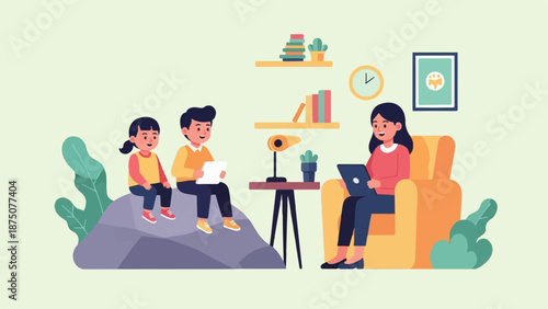 An illustration of a woman on a sofa with a laptop, and two children sitting on a rock studying