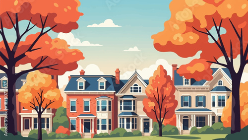 Colorful cartoon street with houses and autumn trees under a blue sky, showcasing a charming neighborhood