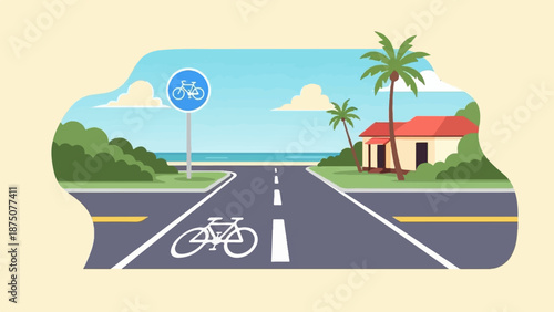 Coastal road with bicycle path sign & symbol, leading to ocean. House, palm trees, sunny sky