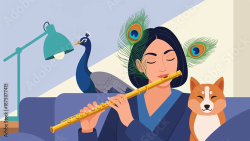 An illustration of a woman playing a flute, accompanied by a peacock, a dog, and peacock feathers