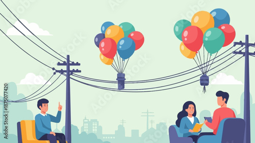 Flat illustration of people conversing outdoors, connected by suspended balloon bundles on power lines