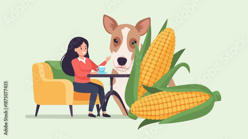 An illustration of a woman relaxing in a chair with her dog and two large ears of corn