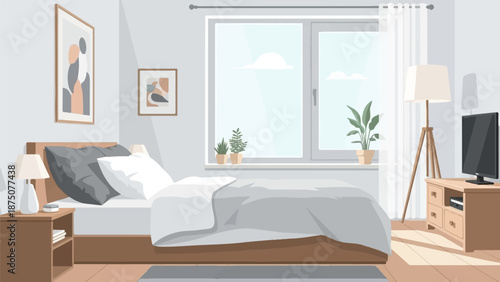 A serene, pixelated bedroom with a comfortable bed, nightstands, and plants by a bright window