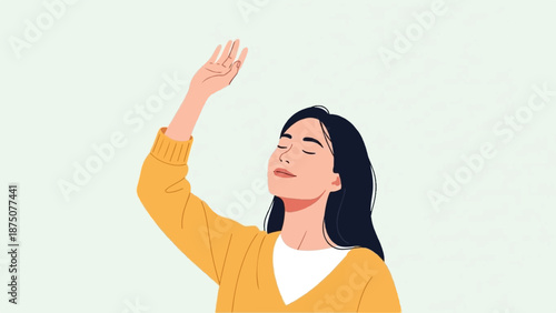 An illustration of a woman with dark hair, eyes closed, raising her hand towards the sky