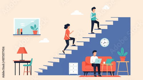 Flat illustration of people moving up a staircase and working at desks in a multi-level setting