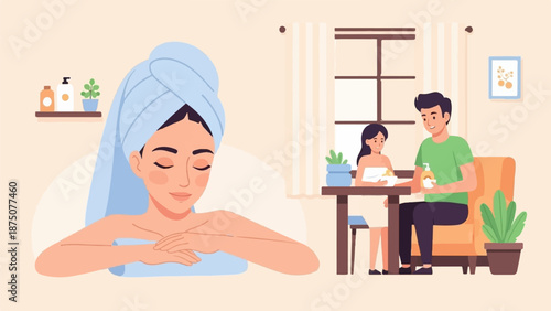 A serene woman with a towel-wrapped head, and a man and child engaged in a personal care routine