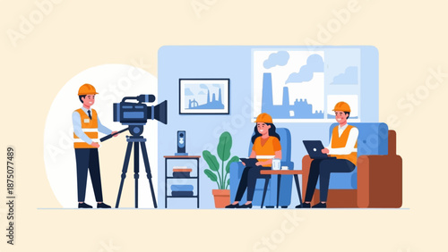 Construction workers in hard hats are filmed in an interview setting, with industrial imagery in the background