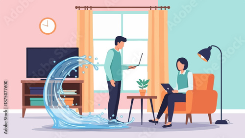 Couple in a modern living room experiencing a water leak near the TV, both using digital devices