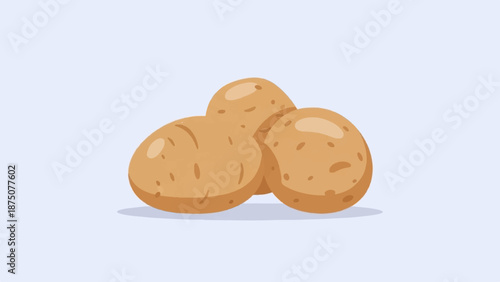 A simple illustration of three brown, cartoon-style potatoes with irregular shapes and spots on a light blue background
