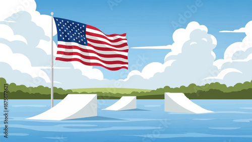 American flag waving over calm blue water with three white wakeboard ramps, green trees, and cloudy sky