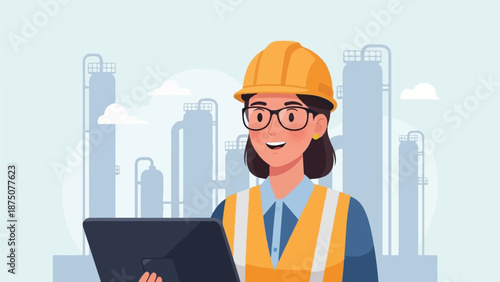 A smiling female engineer wearing a hard hat and safety vest holds a tablet at an industrial facility
