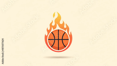 An illustration of an orange basketball engulfed in stylized red and yellow flames, casting a subtle shadow