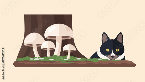 An adorable black and white cat peeks from behind a log next to a group of mushrooms and a tree
