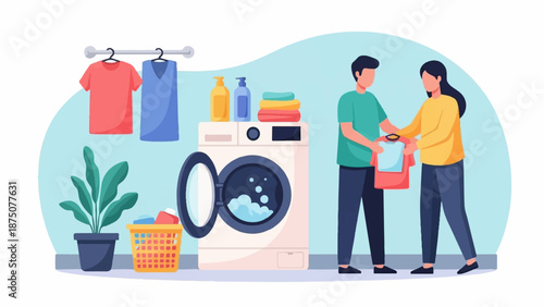 Couple doing laundry, loading clothes into a washing machine in a well-organized room