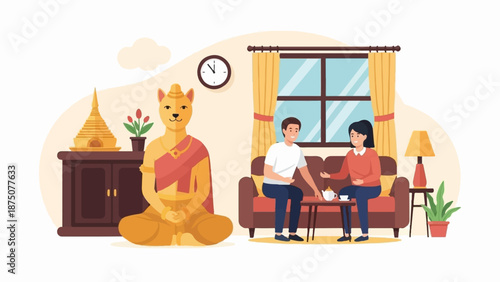 Couple enjoying tea in a cozy living room, featuring a cat-like Buddha statue and a golden stupa
