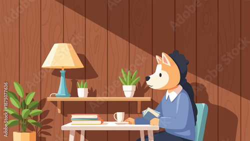 An adorable anthropomorphic dog character sits at a table, reading a book in a cozy room