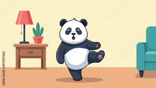 An adorable cartoon panda bear stands on one leg, looking surprised in a cozy room with furniture