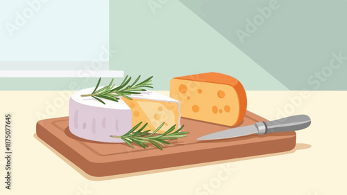 An illustration of assorted cheeses, including a round soft cheese and a wedge of Swiss, with rosemary