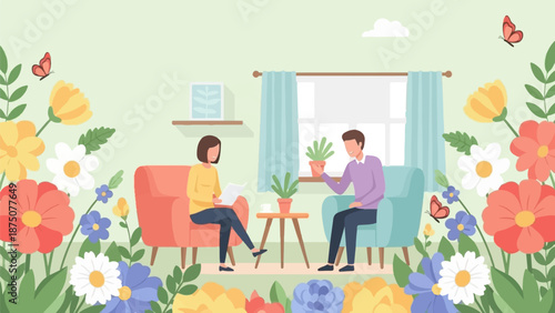 Couple relaxing indoors with plants, surrounded by vibrant flowers and butterflies in a bright, tranquil setting