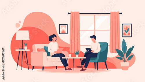 Flat illustration of two people working on laptops in a cozy living room with plants, a lamp, and window