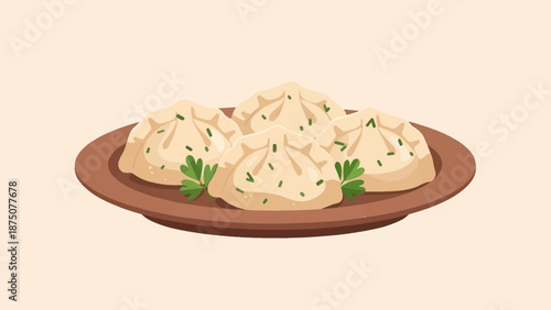 An illustration of four delicious steamed dumplings on a brown plate, garnished with fresh green herbs