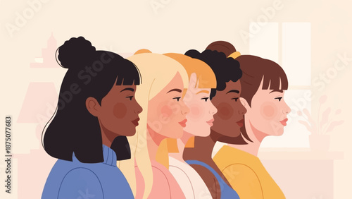 An illustration of five women with diverse skin tones and hairstyles, standing in profile facing right