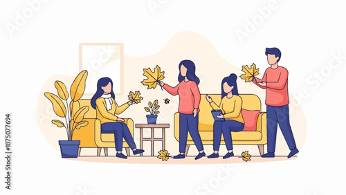 An illustration of four people in a cozy room, holding and admiring autumn leaves in a fall setting